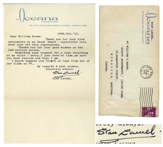 Stan Laurel Letter Signed Shortly After Receiving His Academy Award in 1961 -- ''...Thank you for your kind sentiments re my Oscar Award...''